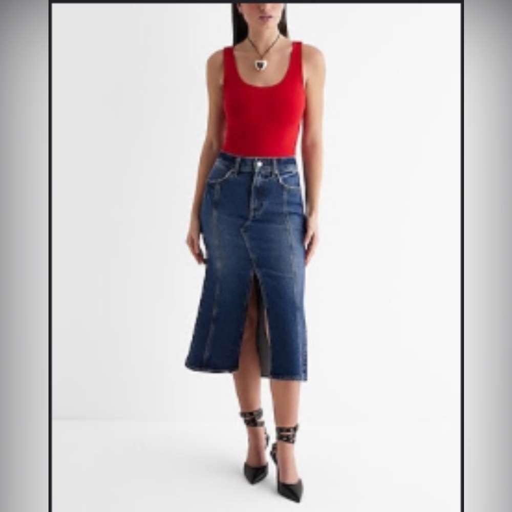 NWT SUPER HIGH WAISTED FLARE HEM FRONT SLIT MIDI DENIM SKIRT